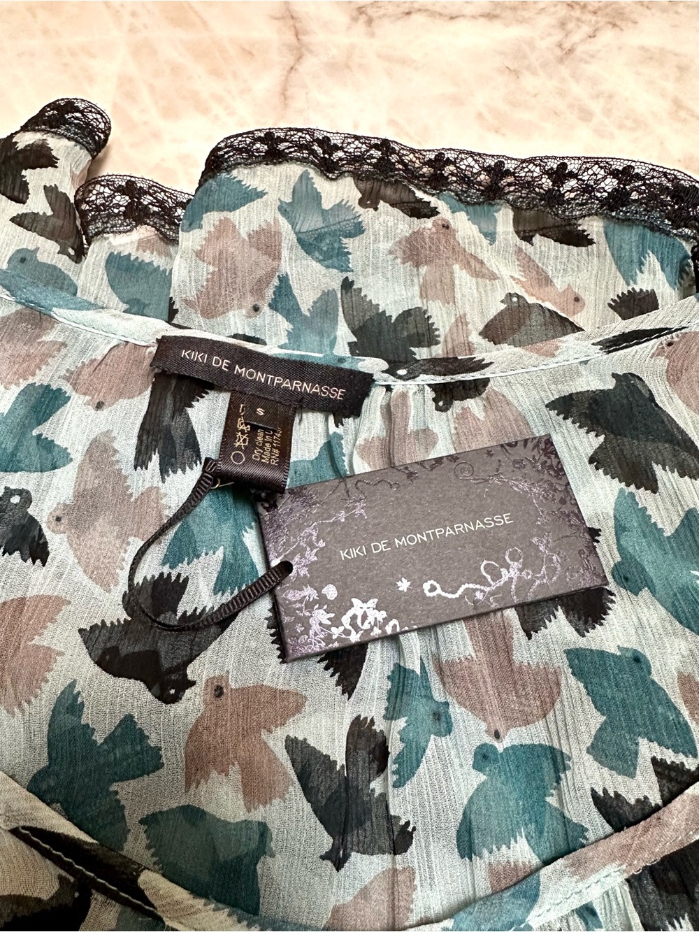 Layered Babydoll top by KIKI DE MONTPARNASSE - Teal & Black Bird Print - Picture 2 of 3